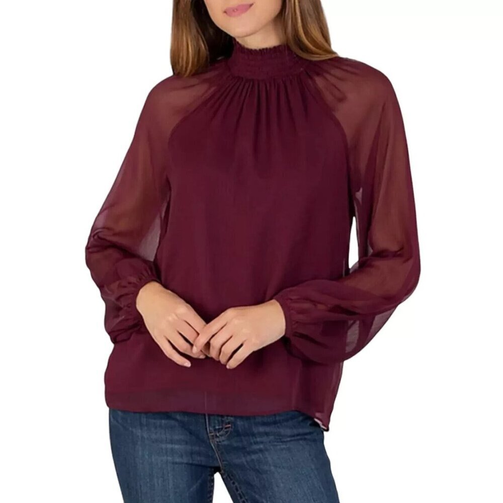 Joie Womens Size M Long Sleeve Smocked‎ Blouse Deep Wine High Neck NWT